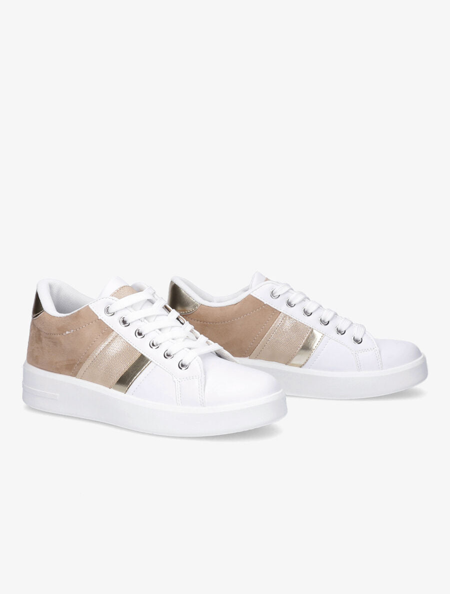 Sneakers en simili et suédine et bandes irisées - Camel - 4
