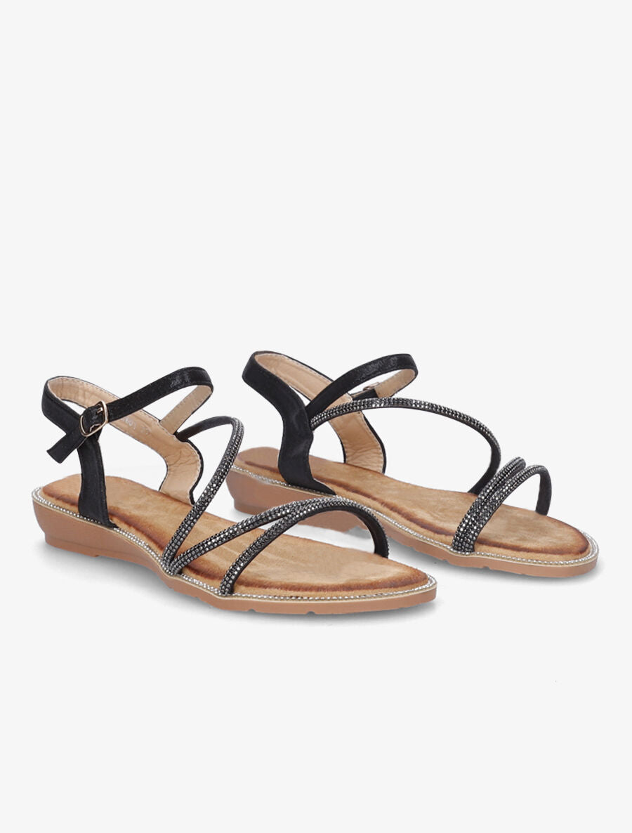 Nu-pieds à semelle et brides ornées de strass - Noir - 4