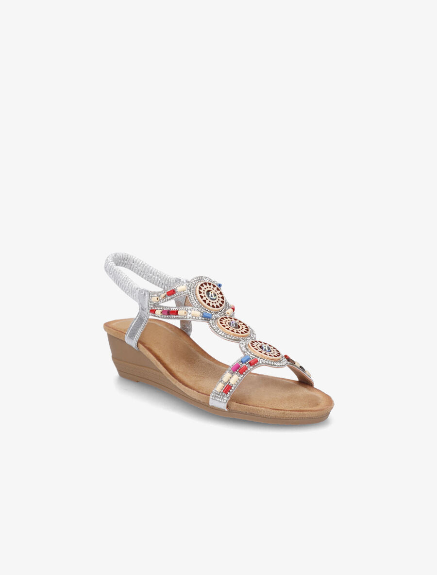 Sandales compensées à strass et perles - Argent - 2