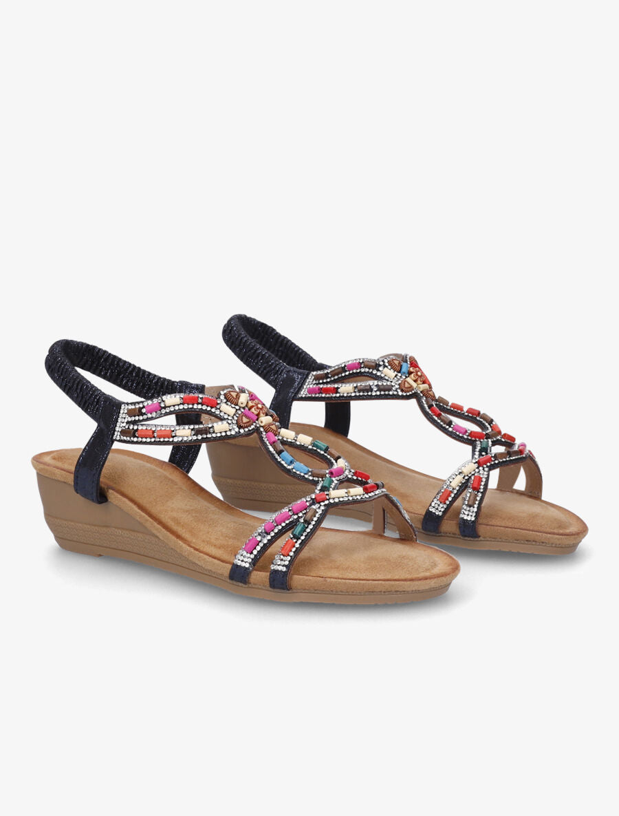 Nu-pieds à brides ornées de strass et perles - Marine - 4