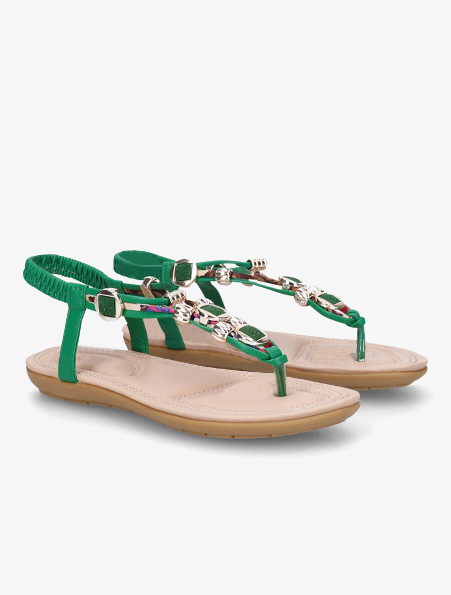 Nu-pieds imprimés à empiècement pierres et bijoux - Vert - 4