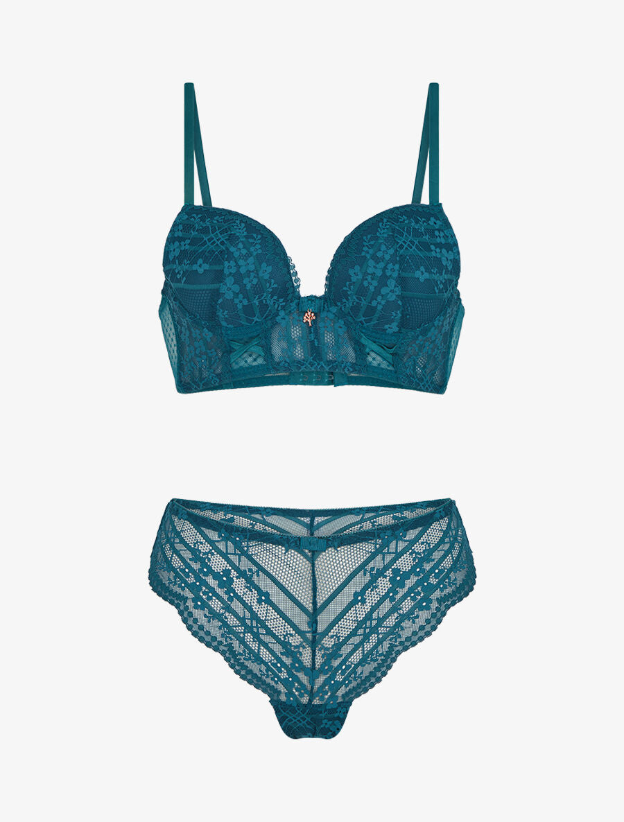 Ensemble soutien-gorge et tanga à bijoux arbre strassé - Bleu canard - 3