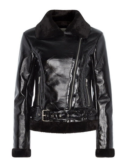 Blouson aspect vernis bas ceinturé - noir - 1
