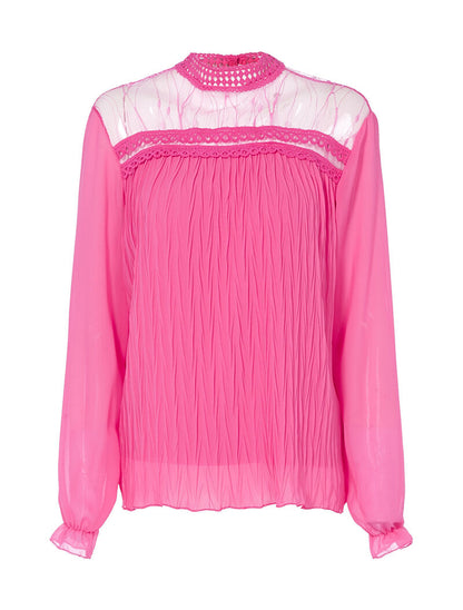 Blouse à col montant et décolleté transparent - fushia - 1