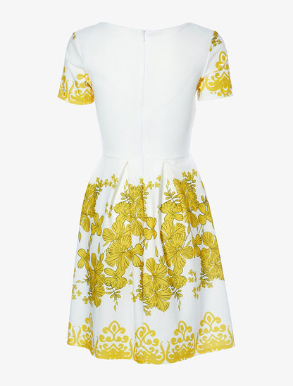 Robe patineuse à fronces et imprimé floral - écru/moutarde - 2