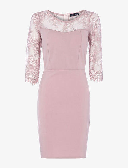 Robe moulante à empiècement dentelle - vieux rose - 3