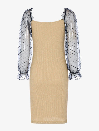 Robe côtelée pailletée à manches bouffantes en voile - beige - 2