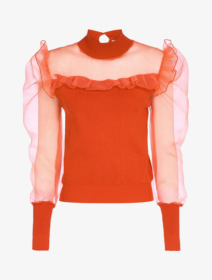 Pull bi matière à manches gigot - orange - 1