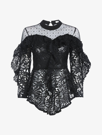 Top asymétrique en dentelle festonnée - noir - 1