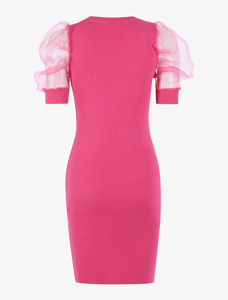 Robe à manches gigot ajourées en tulle - fushia - 2