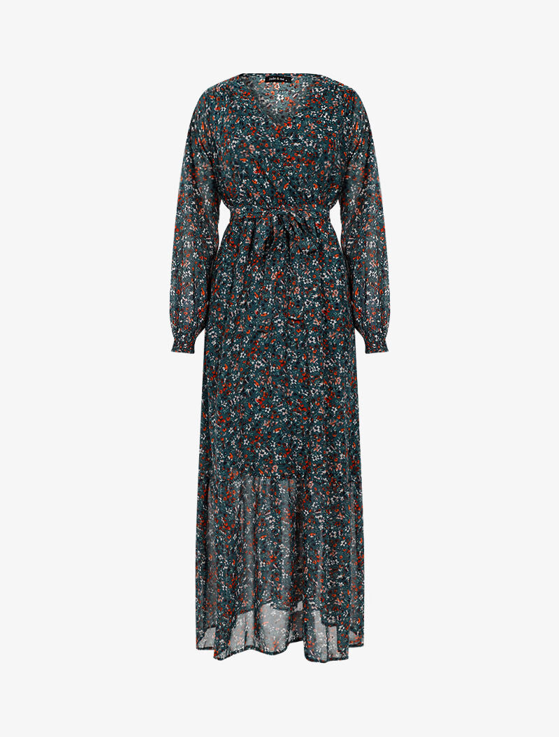Robe longue légère à basque imprimé petites fleurs - vert - 1
