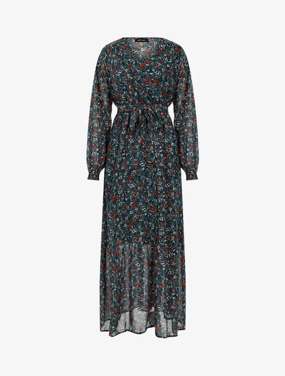 Robe longue légère à basque imprimé petites fleurs - vert - 1