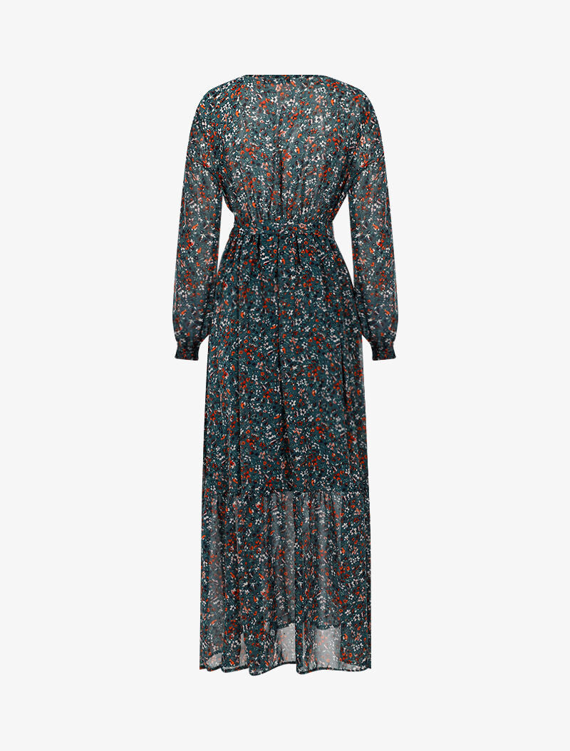 Robe longue légère à basque imprimé petites fleurs - vert - 2