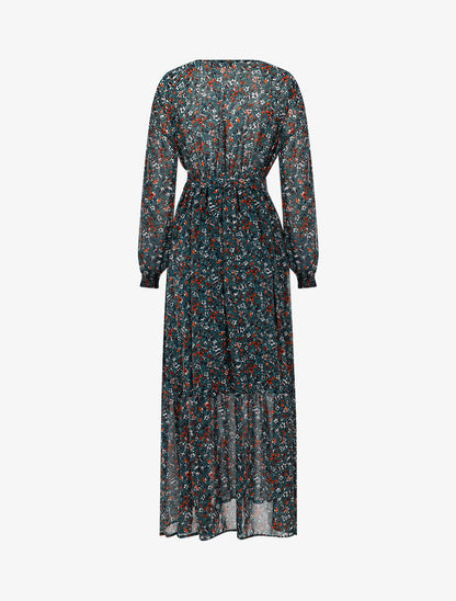 Robe longue légère à basque imprimé petites fleurs - vert - 2
