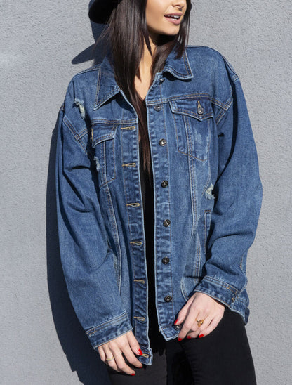 Veste longue à effet troué - bleu denim - 4