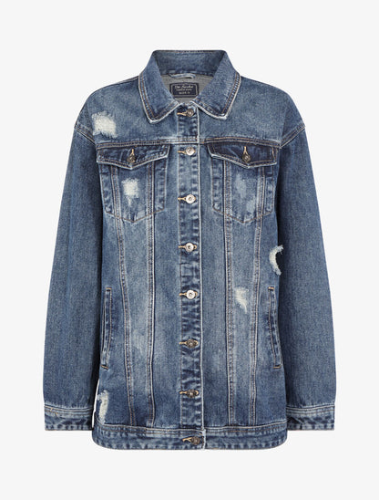 Veste longue à effet troué - bleu denim - 2