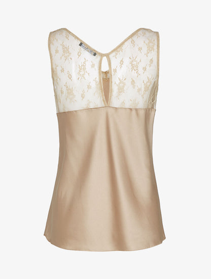 Top satiné à décolleté en tulle - beige - 2