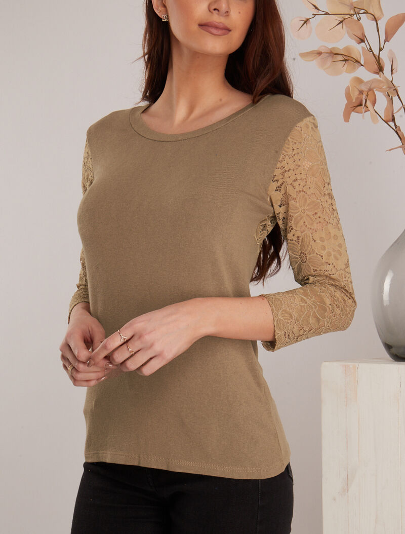 Top en maille à détails dentelle - camel - 5