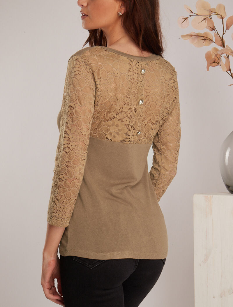 Top en maille à détails dentelle - camel - 2