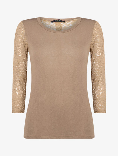 Top en maille à détails dentelle - camel - 3