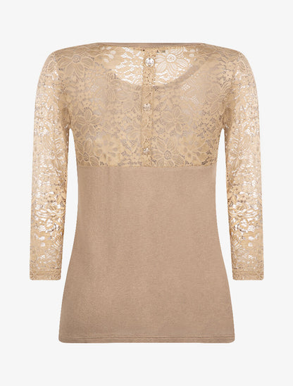 Top en maille à détails dentelle - camel - 4