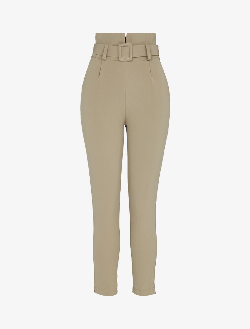 Pantalon 7/8 à taille empire ceinturée - beige
