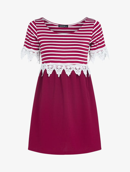 Robe rayée à détails crochet - bordeaux - 1