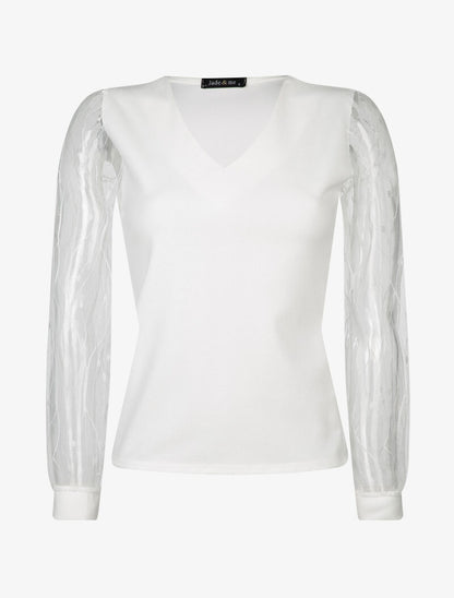 Top uni à manches en tulle - ecru - 3