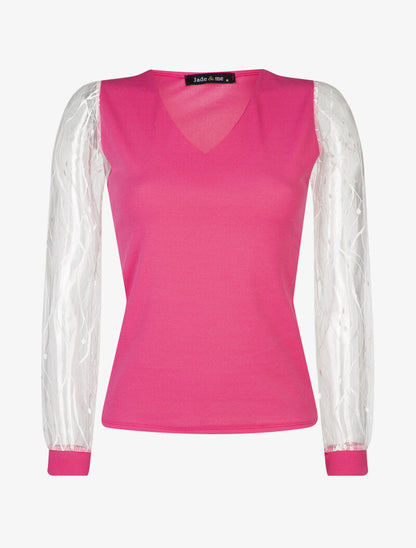 Top uni à manches en tulle - fushia - 1