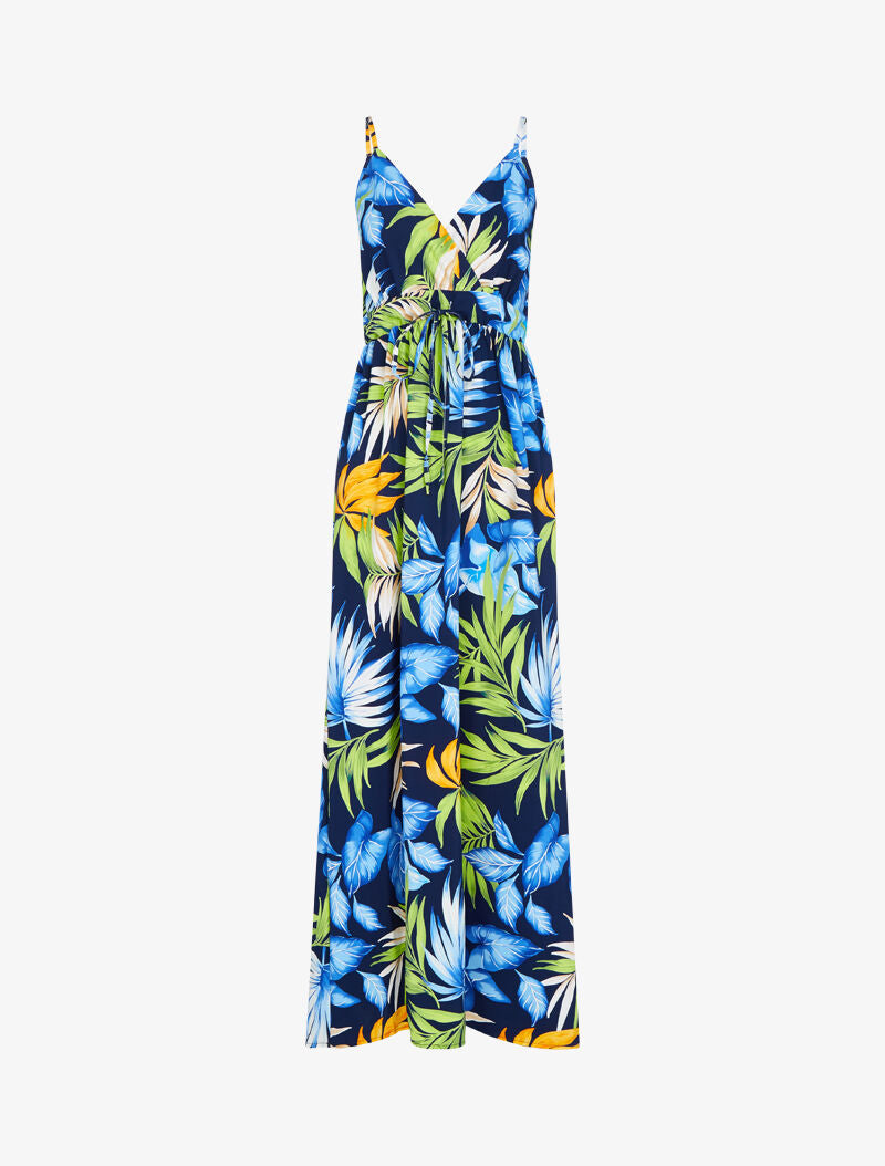 Robe longue fluide à imprimé estivale - marine - 1