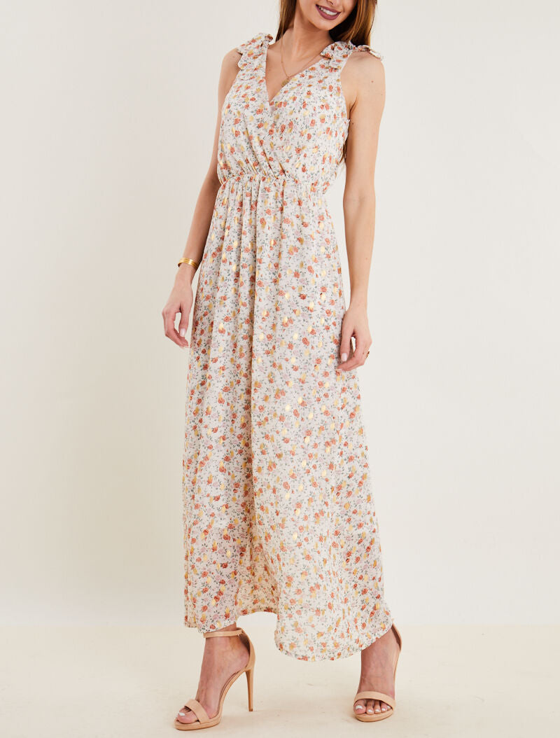 Robe longue à imprimé pivoines - ecru - 1