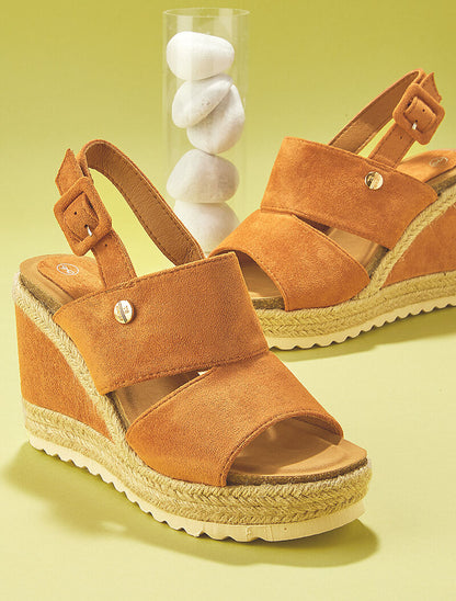Compensées à talon stylisé bimatière - camel - 5