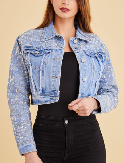 Cropped veste strassée - bleu ciel - 1