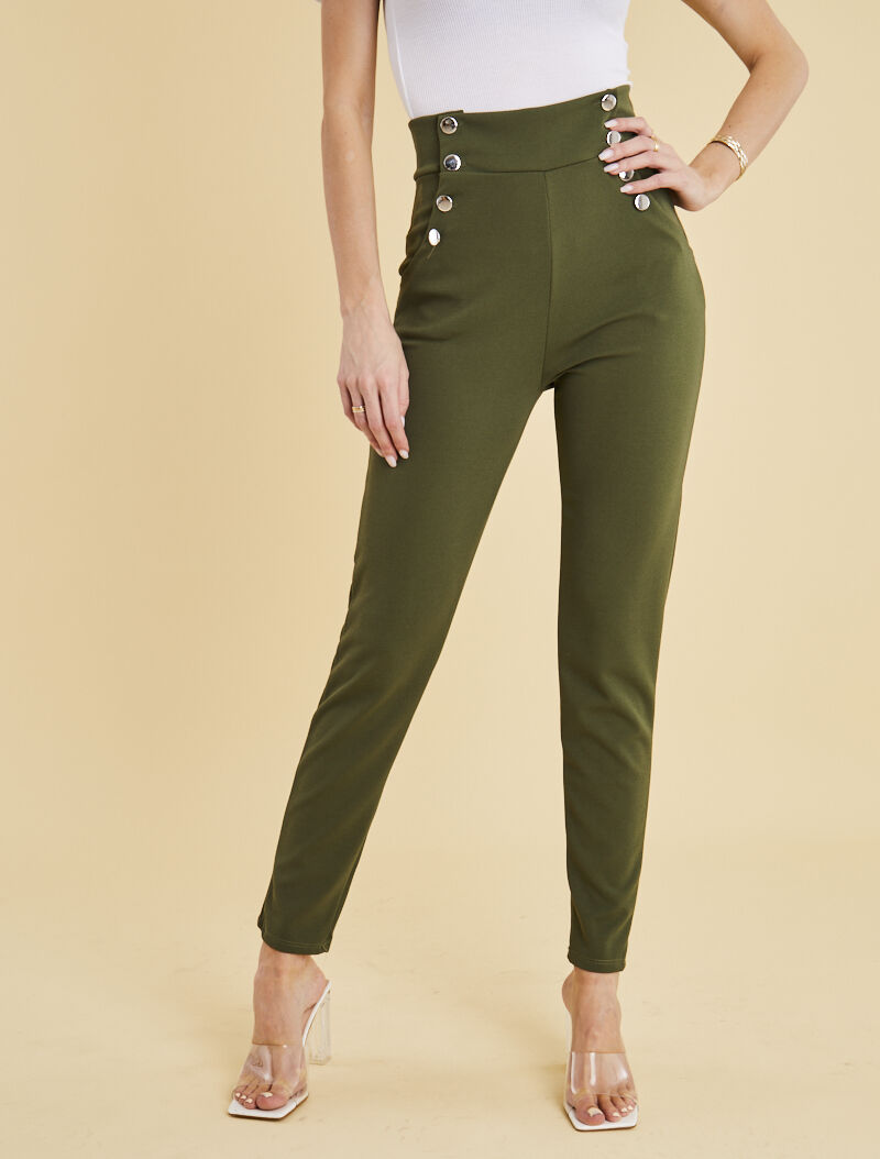 Pantalon taille empire à boutonnière - kaki - 4