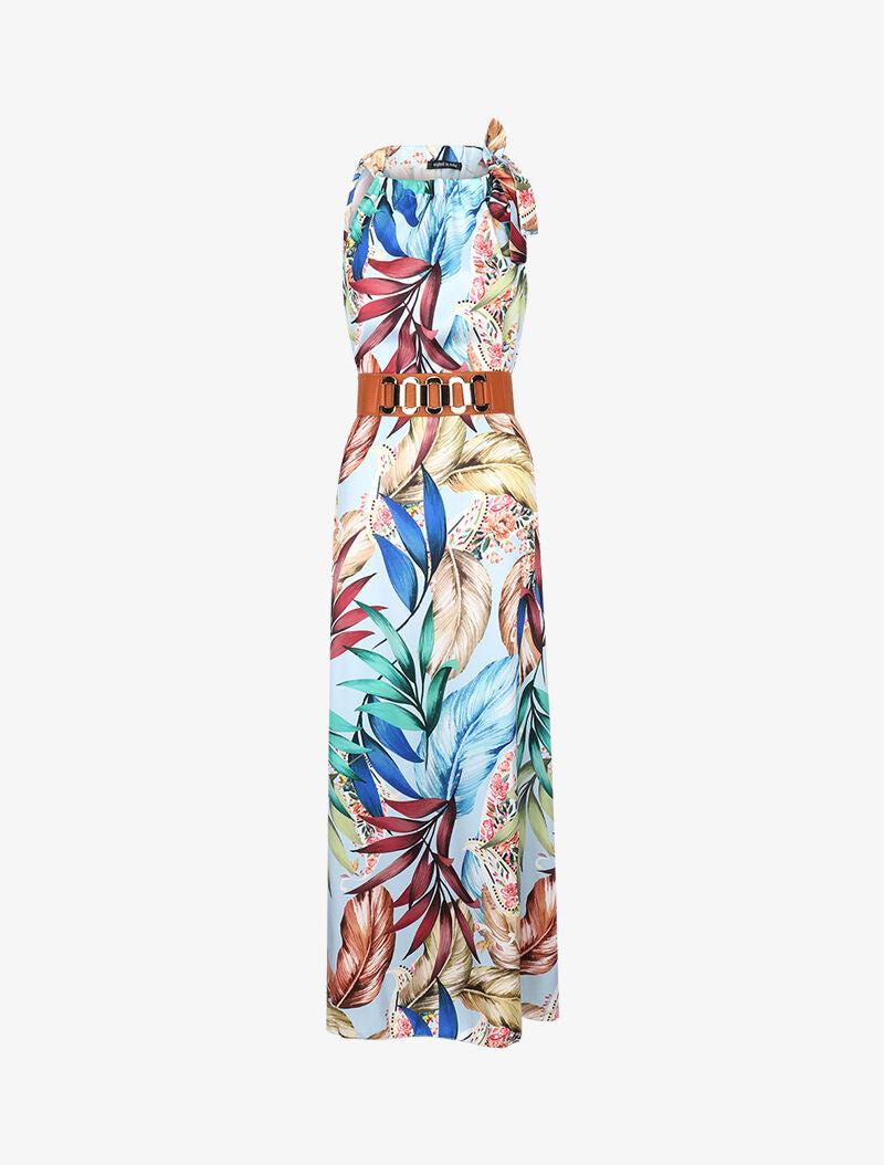 Robe longue satinée à imprimé tropical - bleu clair - 3