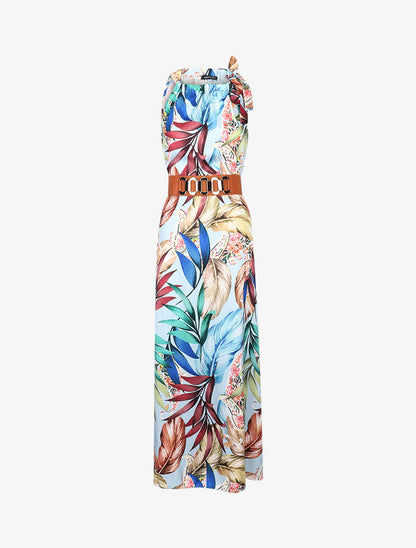 Robe longue satinée à imprimé tropical - bleu clair - 3