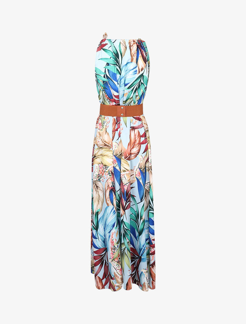 Robe longue satinée à imprimé tropical - bleu clair - 2