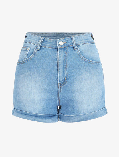 Short en jean à revers coupe droite - Bleu - 1