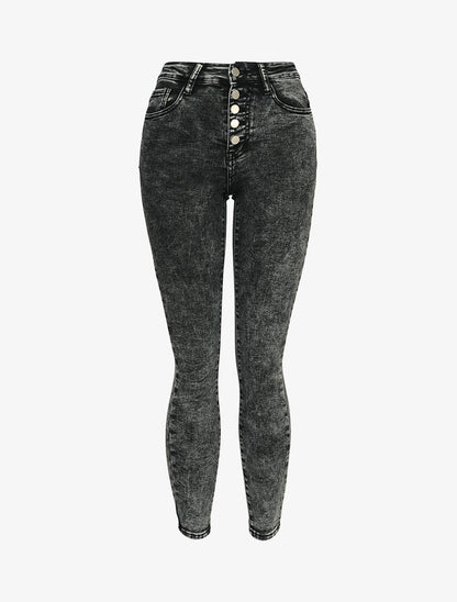 Jeans skinny délavé à fermeture boutonnée - Gris foncé - 1