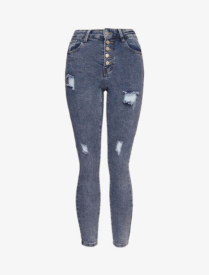 Jean skinny boutonné à taille haute et déchirures - Bleu - 1