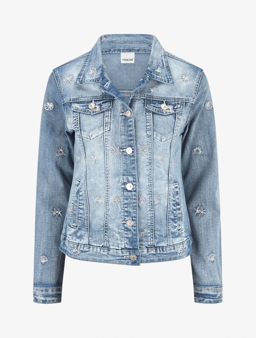 Veste en jean à motif et strass - Bleu - 4