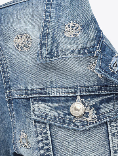 Veste en jean à motif et strass - Bleu - 3