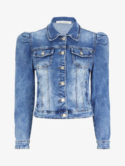 Veste en jean délavée à manches gigot - Bleu - 4