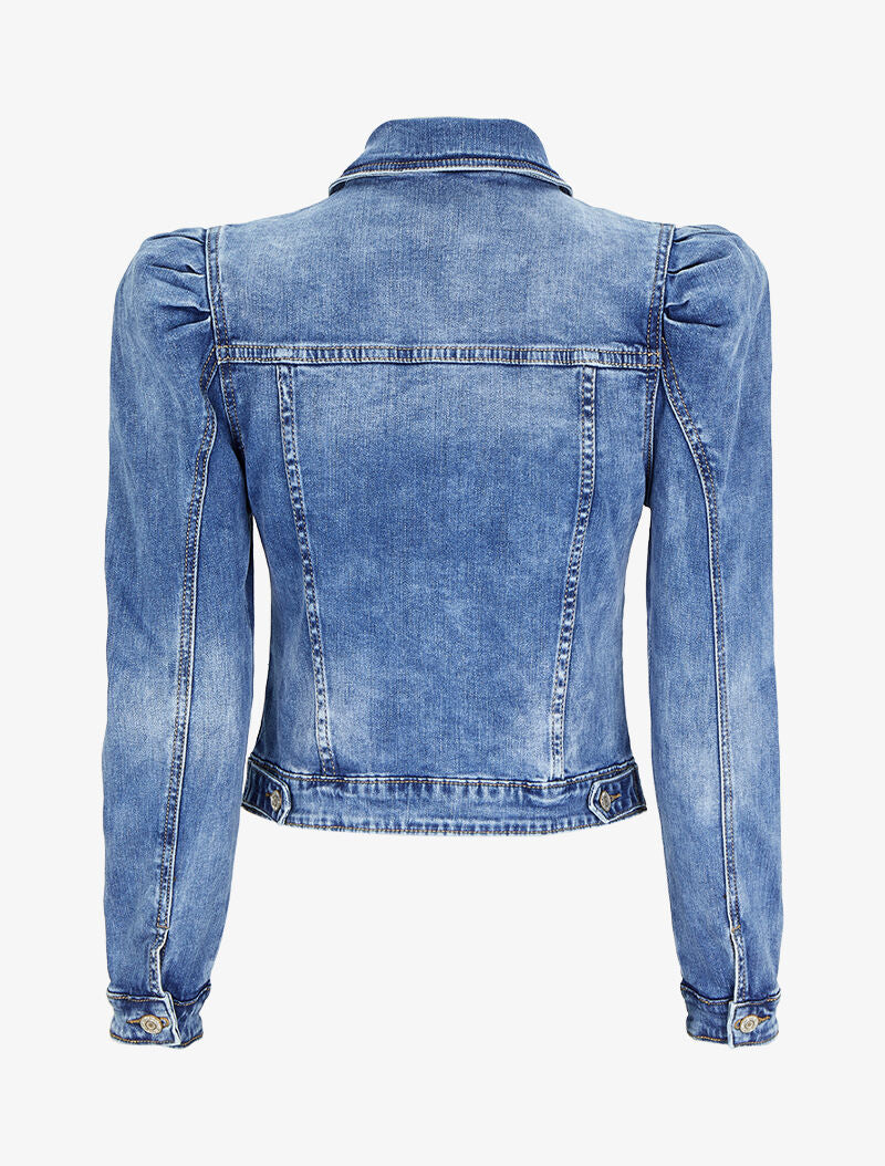 Veste en jean délavée à manches gigot - Bleu - 2