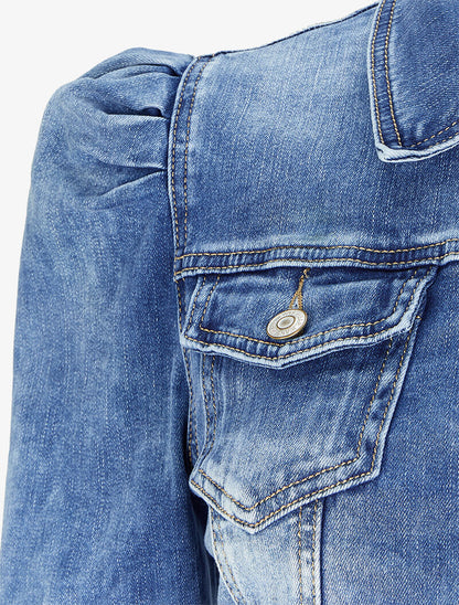 Veste en jean délavée à manches gigot - Bleu - 3