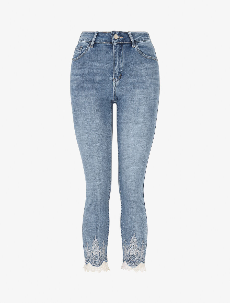 Jean slim taille haute bords à dentelle et strass - Bleu - 1