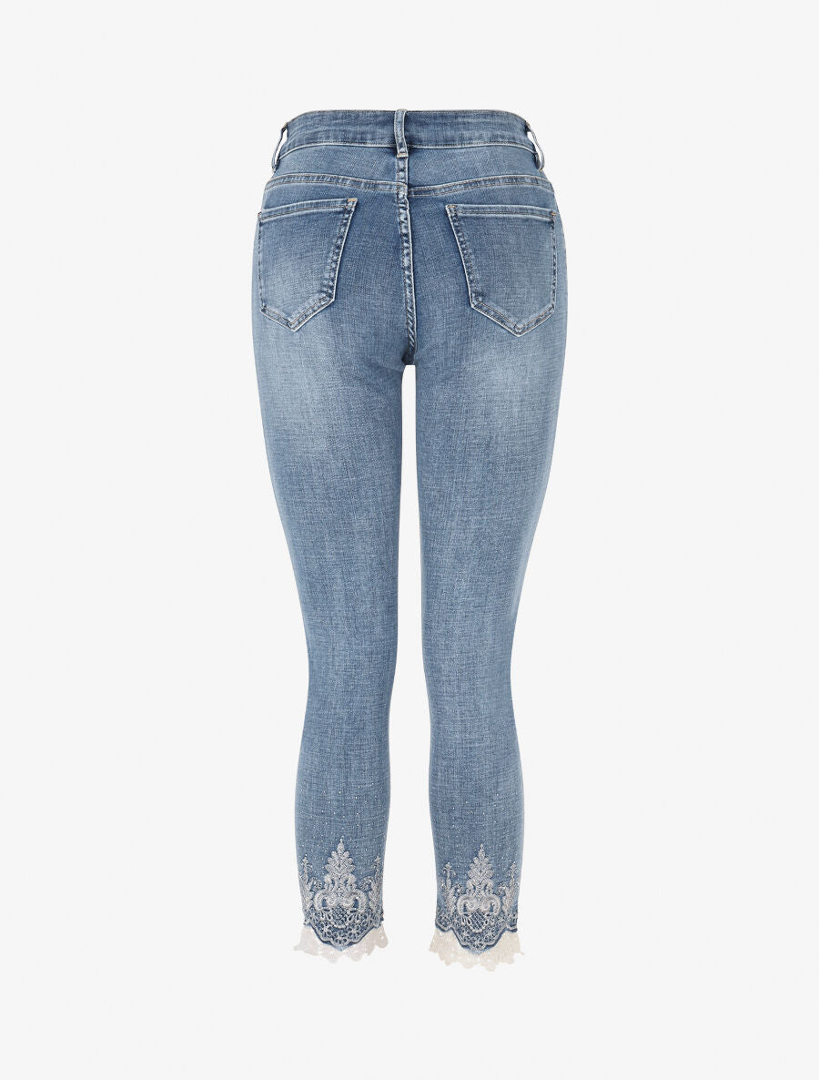 Jean slim taille haute bords à dentelle et strass - Bleu - 2