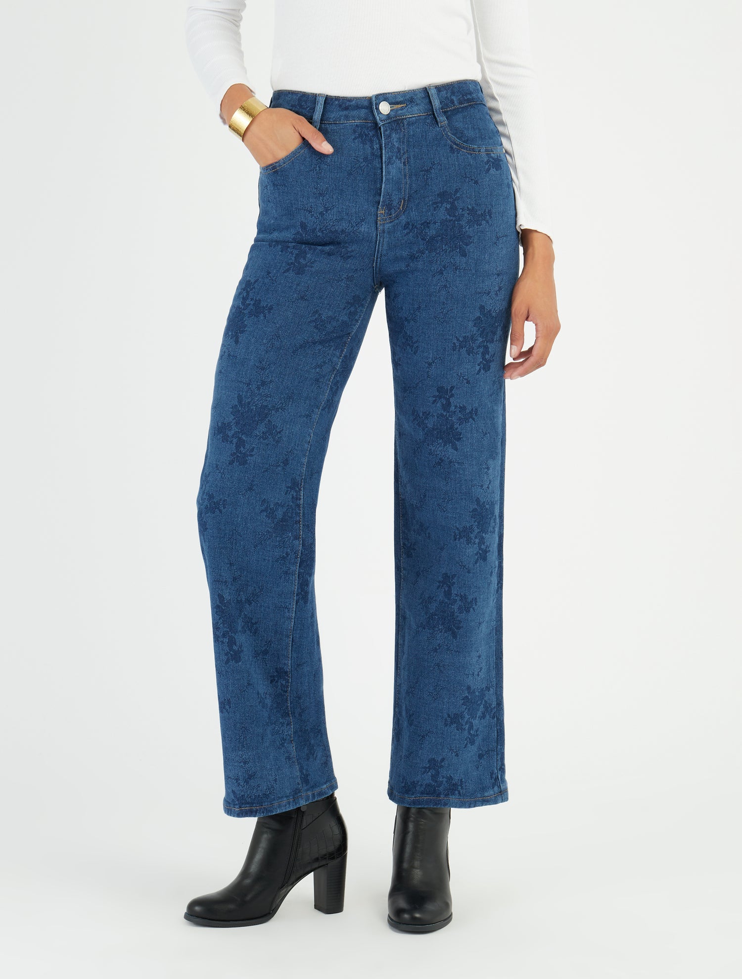 Jean droit taille standard à motif fleuri - Bleu