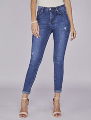 Jean skinny taille haute délavé et griffé - Bleu denim - 6