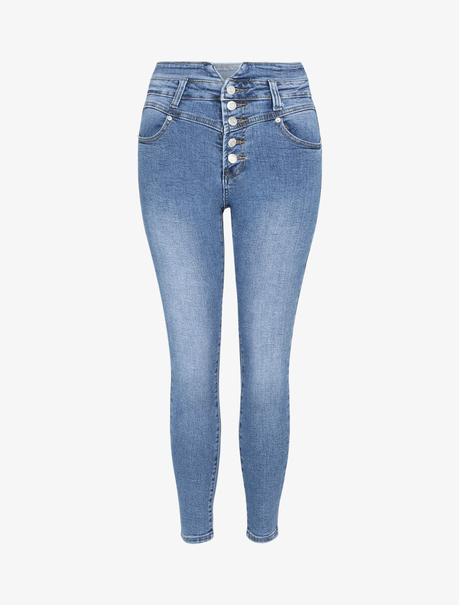 Jean skinny à taille haute boutonnée - Bleu denim - 1